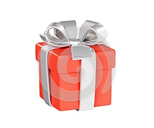 Red closed gift box with silver ribbon and bow 3d render illustration