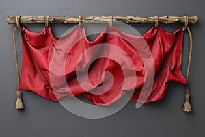 A red cloth hanging from a wooden frame with tassels, AI