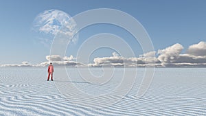 Red Clothed Figure Stands in Empty Desert