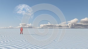 Red Clothed Figure Stands in Empty Desert photo