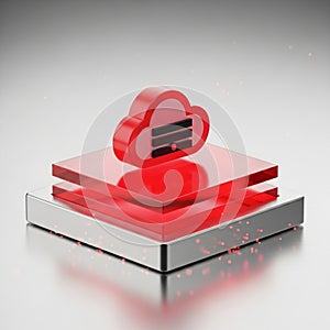 Red Cloud Icon with Server Symbol on Red and Silver Pedestal data storage