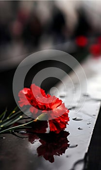 red clove flower on stone grave or wall, concept image commemorate and condolence