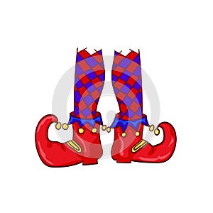Red clown shoes and legs on white background.