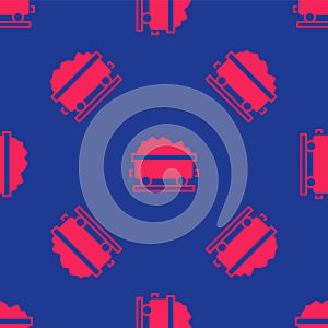 Red Coal train wagon icon isolated seamless pattern on blue background. Rail transportation. Vector
