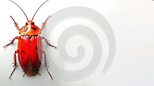 Red cockroach on a white background, high-definition macro photography with a focus on detail and entomology. Banner