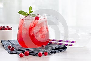 Red cocktail with cranberry, vodka, mint and ice.