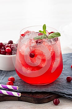 Red cocktail with cranberry, vodka, mint and ice.