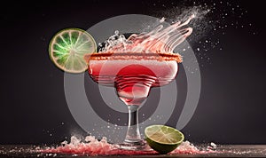 a red cocktail with a lime slice and a splash of water