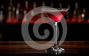 Red cocktail in martini glass with garnish on dark bar background,closeup,copy space,lifestyle