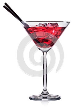 Red cocktail in martini glass isolated on white background