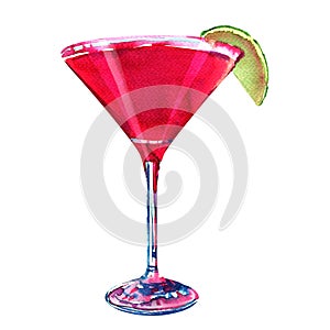 Red cocktail with orange, lime slice, martini, cosmopolitan, alcoholic beverage, isolated, hand drawn watercolor