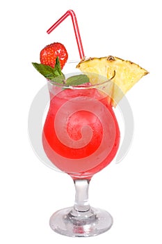 Red cocktail with pineaple and strawberry