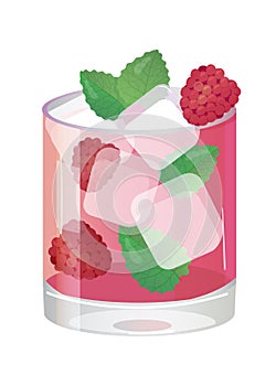 Red cocktail, rasberry mojito with mint leaf and ice cube.