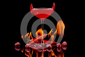 Red cocktail with raspberries and searing pepper on the mirror with flames of fire