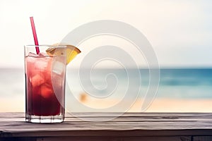 red cocktail on wooden table and paradisiacal beach with the sea in the background. Copy space. Ai generative