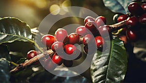 Red coffee beans on a branch of coffee tree