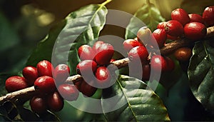 Red coffee beans on a branch of coffee tree