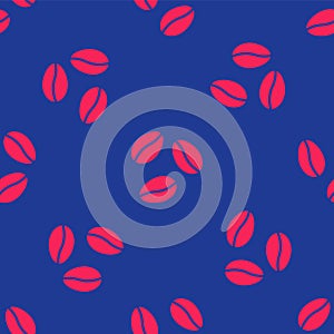 Red Coffee beans icon isolated seamless pattern on blue background. Vector