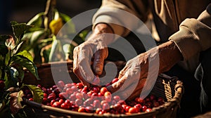 Red coffee berries in the working hands of the farmer. Generative AI.