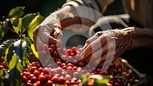 Red coffee berries in the working hands of the farmer. Generative AI.