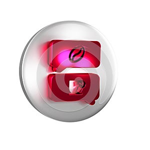 Red Coffee and conversation icon isolated on transparent background. Coffee talk. Speech bubbles chat. Silver circle