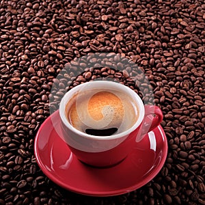 Red coffee cup espresso roasted beans background square format