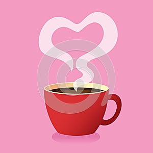 Red coffee cup with heart steam on pink background, Love concept idea, Vector illustration.