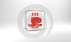 Red Coffee cup icon isolated on grey background. Tea cup. Hot drink coffee. Glass square button. 3d illustration 3D