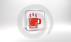 Red Coffee cup icon isolated on grey background. Tea cup. Hot drink coffee. Glass square button. 3d illustration 3D