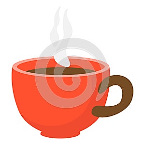 Red coffee cup with steam, flat design hot beverage. Morning coffee break, cozy drink concept vector illustration