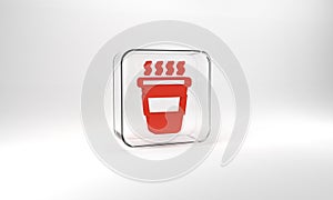 Red Coffee cup to go icon isolated on grey background. Glass square button. 3d illustration 3D render