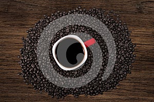 Red Coffee cup on wood table