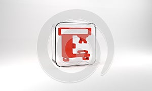 Red Coffee machine icon isolated on grey background. Glass square button. 3d illustration 3D render