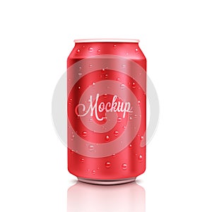 Red cold aluminium beer can mockup with drops, 300 ml. Empty fresh soda tin packing mock up with condensate, isolated.Vector
