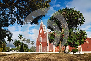 Red colonial church Itzimna in a park framed by trees, Merida, Yucatan, Mexico photo