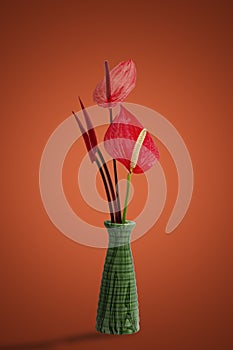 Red color anthurium flower in green ceramic vase on orange color background