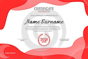 Red color certificate template. Beautiful certificate with waves.