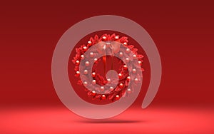 Red color door hanging, christmas wreath in single red color background, 3d Rendering,Christmas decoration