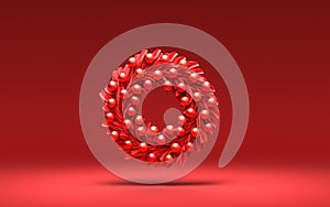 Red color door hanging, christmas wreath in single red color background, 3d Rendering,Christmas decoration