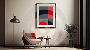 Red Color Framed Art With Suprematist Geometric Shapes