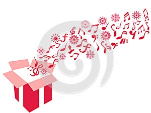 Red color gift box music note and snowflake background