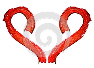 Red color lipstick stroke in shape of heart on a white background