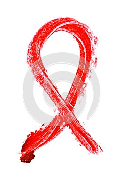 Red color lipstick stroke on white background, Aids awareness red ribbon