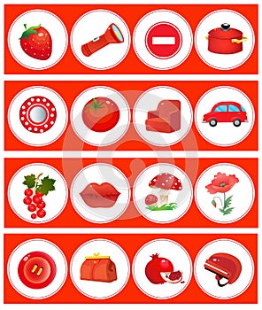 Red color. Matching game, education game for children. Puzzle for kids. Match by color. Worksheet for preschoolers