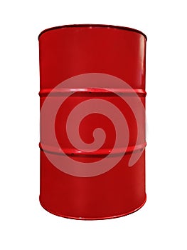 Red color metal oil barrel, isolated on white background. Red metal oil drum isolated on white background. Black gold. Oil barrel