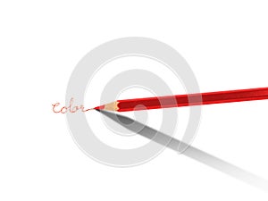 Red color pencil writing the word â€œcolorâ€   on white background