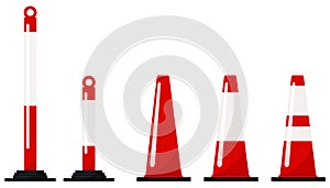 Red color plastic road traffic cone set isolated on white background.