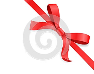 Red color satin bow knot and ribbon isolated on white background. Vector illustration 3d top view