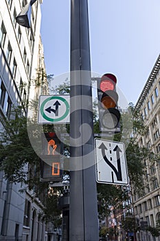 Red color on the traffic light and signals in Montreal downtown