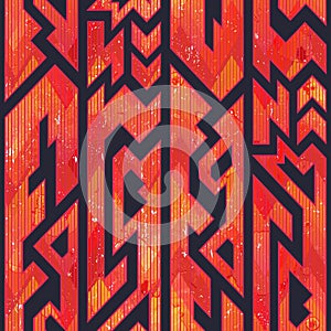 Red color tribal geometric seamless pattern with grunge effect